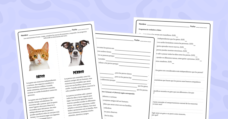 Gatos y Perros: Comprensión lectora con comparación de animales