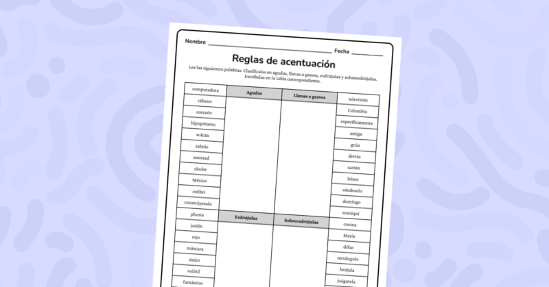 Clasifica palabras según su tipo acentual: agudas, llanas, esdrújulas y sobreesdrújulas. Actividad ideal para repasar las reglas.