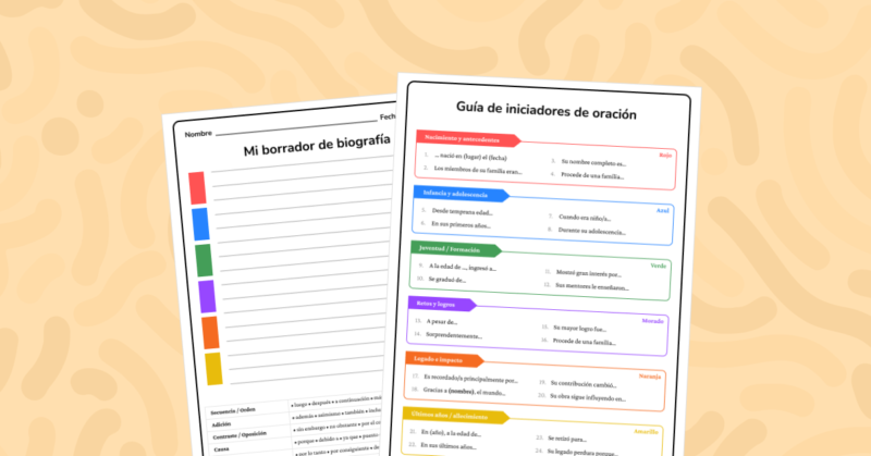 Guía paso a paso para escribir biografías con inicios de oraciones y conectores. Estructura visual y temática para facilitar la redacción.