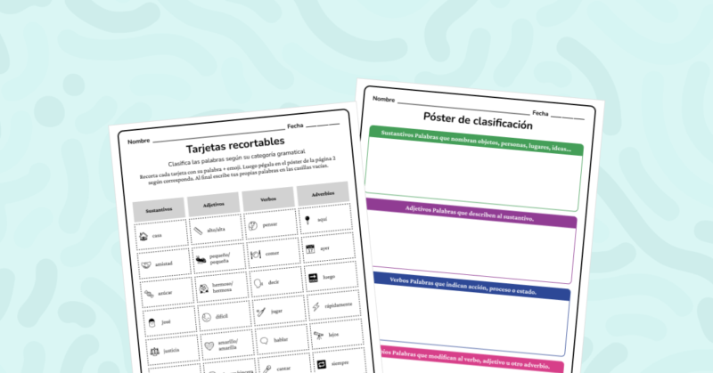 Clasifica sustantivos, adjetivos, verbos y adverbios con tarjetas ilustradas. Actividad grupal divertida y educativa.