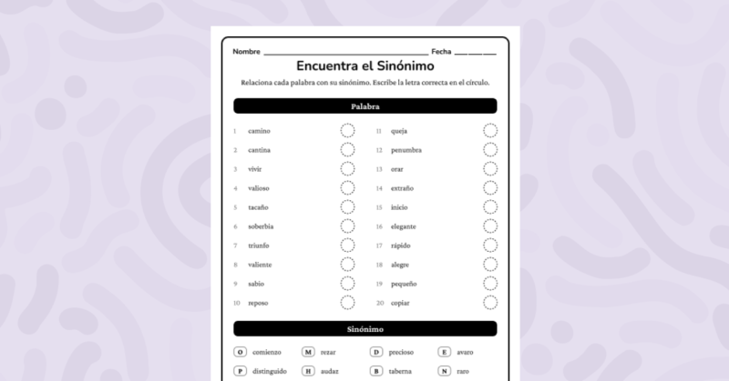 Relaciona cada palabra con su sinónimo correcto y amplía tu vocabulario. Actividad ideal para reforzar el significado de palabras.