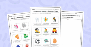 Recorta y clasifica oraciones como ficción o no ficción. Actividad visual y divertida para practicar la comprensión.