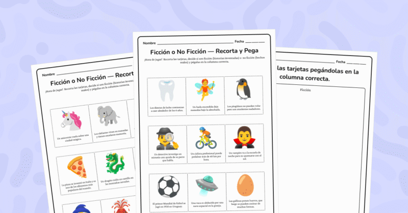 Recorta y clasifica oraciones como ficción o no ficción. Actividad visual y divertida para practicar la comprensión.