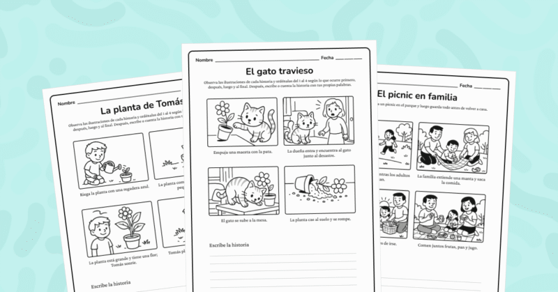 Ordena las imágenes y crea una historia con tus palabras. Recurso para trabajar la narración secuencial y la expresión escrita.
