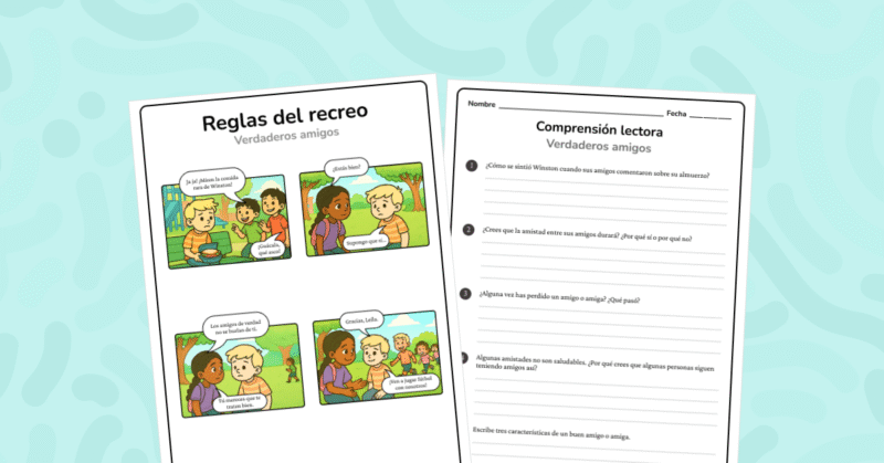 Una historia sobre respeto y amistad que invita a reflexionar sobre cómo nos tratamos en el recreo. Incluye preguntas de comprensión.