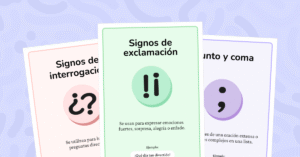 Carteles con definiciones y ejemplos para aprender el uso correcto de los signos de puntuación.