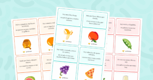 24 adivinanzas ilustradas de alimentos para desarrollar vocabulario y razonamiento lógico de forma divertida.