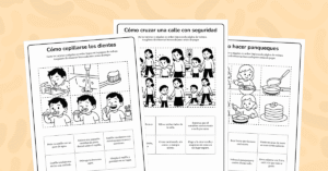 Actividades de secuenciación visual con tarjetas recortables para ordenar historias paso a paso y desarrollar comprensión lectora.