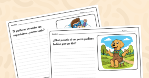 12 preguntas creativas ilustradas que despiertan la imaginación y motivan la escritura en primaria.